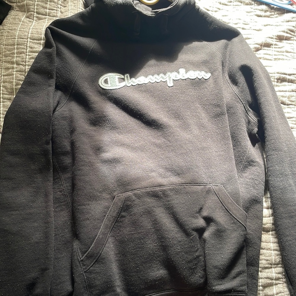 Champion hoodie, size -M, color- blacks with gray and white lettering